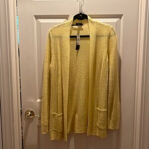 Talbots 100% Linen open cardigan.  Hits mid thigh, 2 front pockets